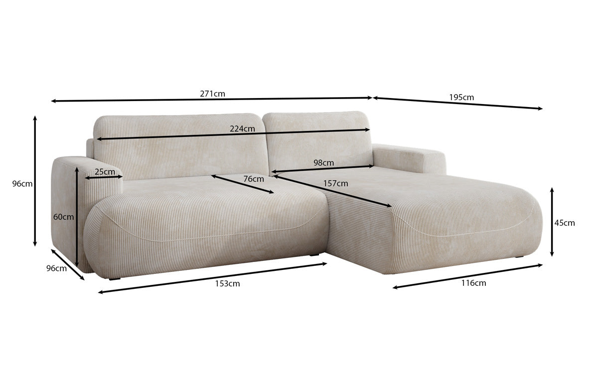 Designer corner sofa Enzo with sleeping and fold-out function in Corduroy