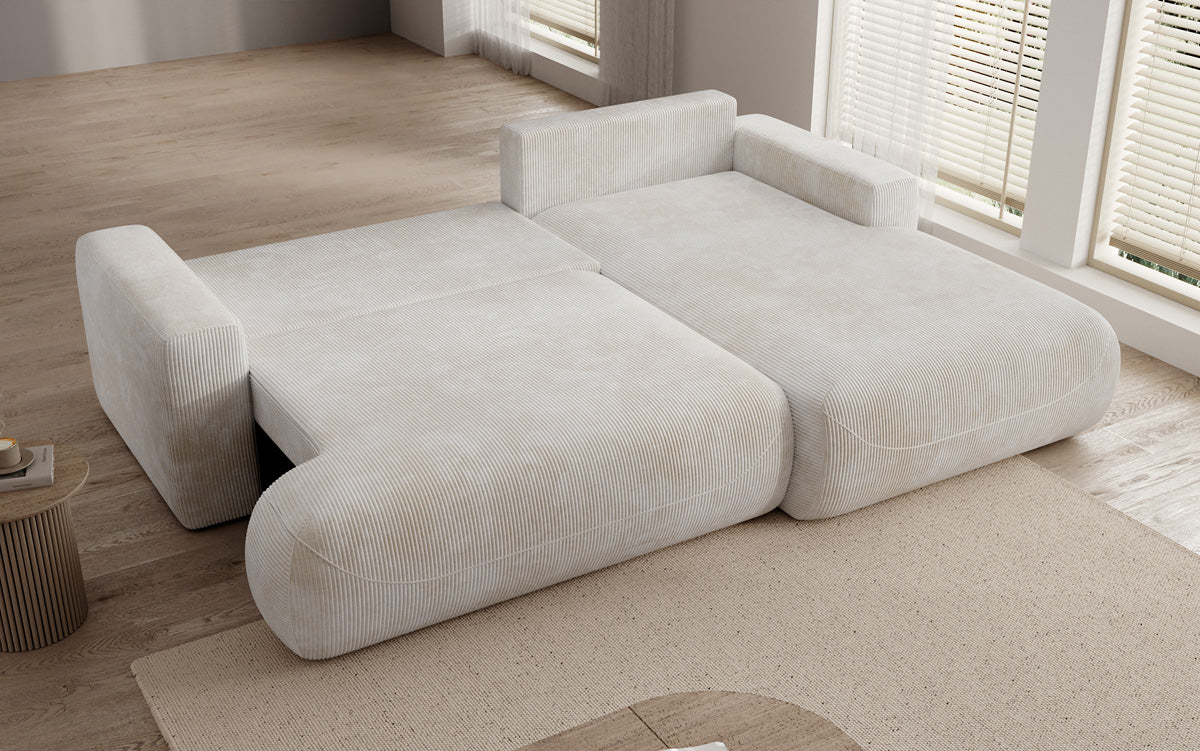 Designer corner sofa Enzo with sleeping and fold-out function in Corduroy