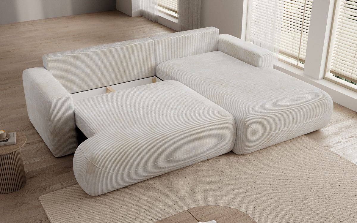 Designer corner sofa Enzo with sleeping and fold-out function in Corduroy