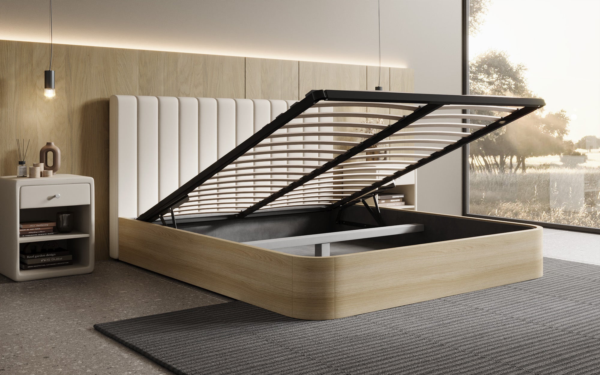 Lit rembourré design Fiore Linea en Tissu avec espace de rangement