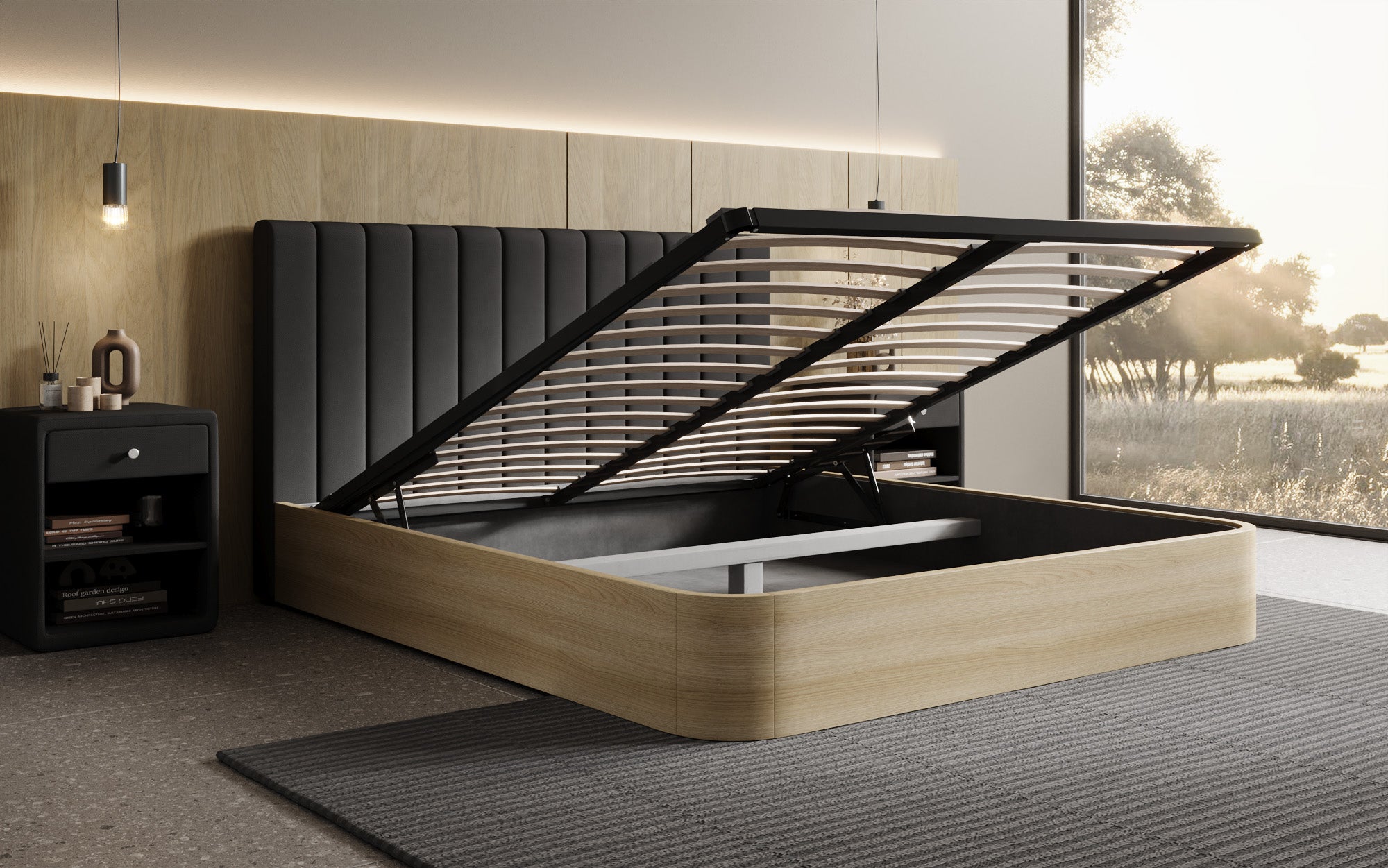 Lit rembourré design Fiore Linea en Tissu avec espace de rangement