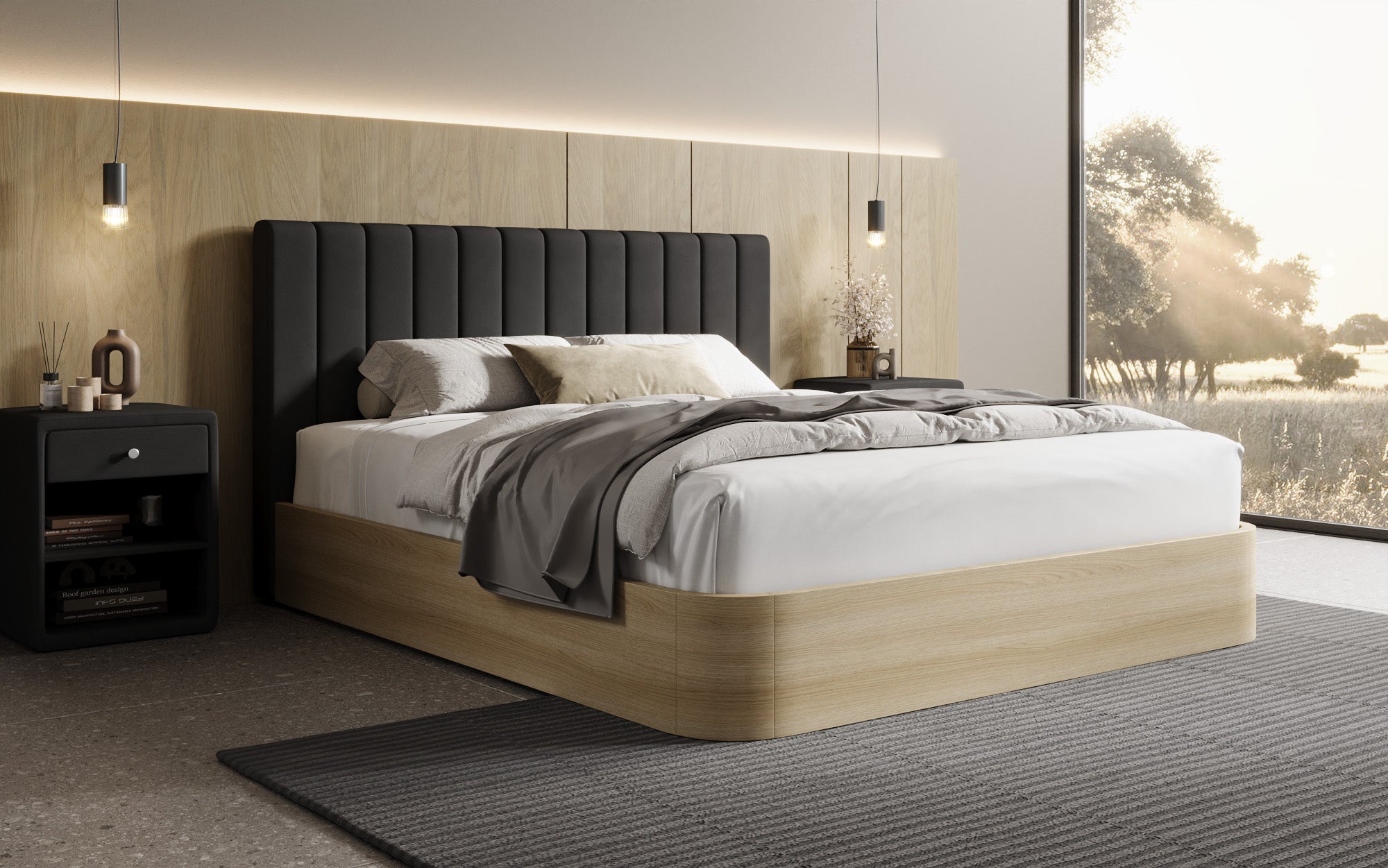 Lit rembourré design Fiore Linea en Tissu avec espace de rangement