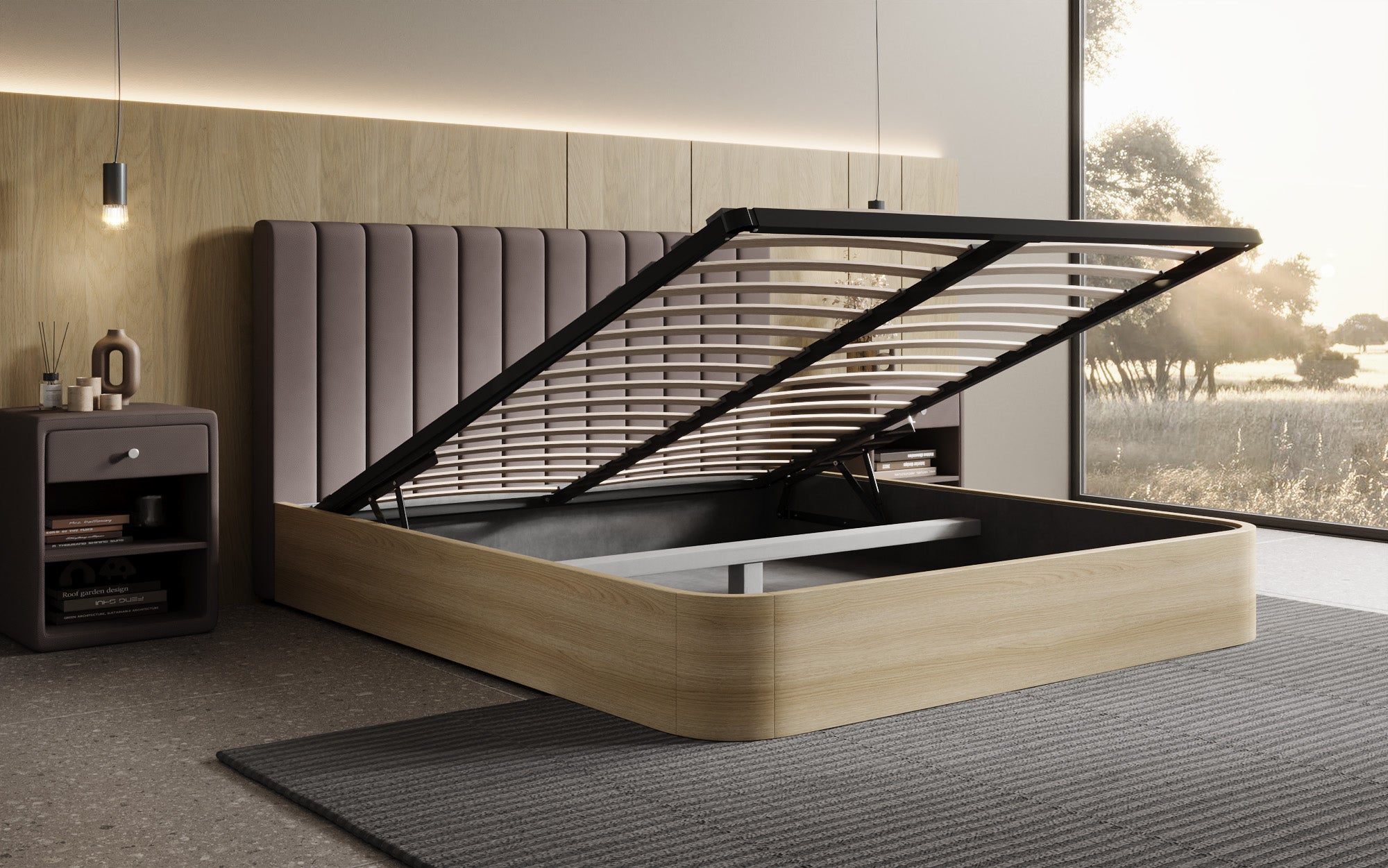 Lit rembourré design Fiore Linea en Tissu avec espace de rangement