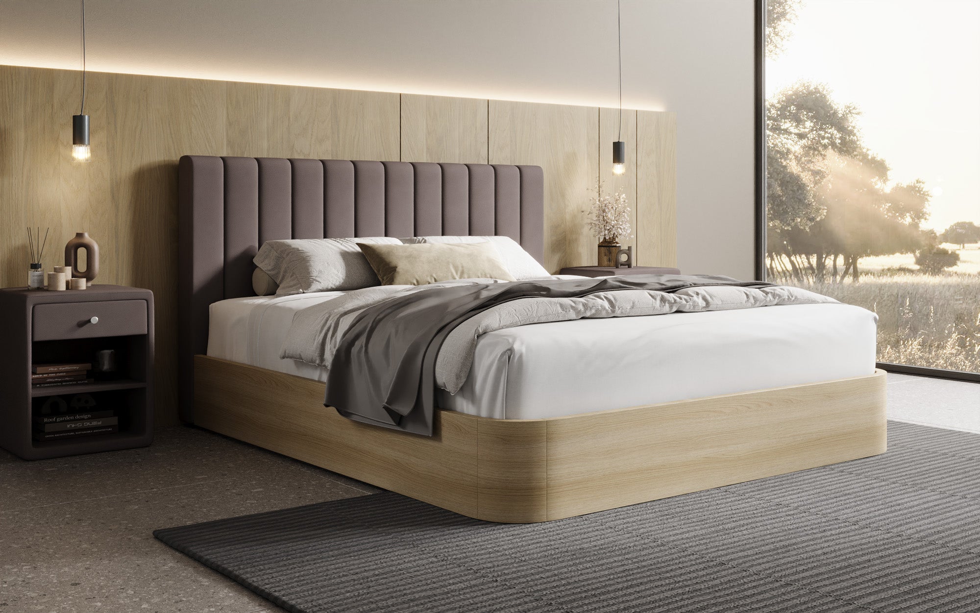 Lit rembourré design Fiore Linea en Tissu avec espace de rangement
