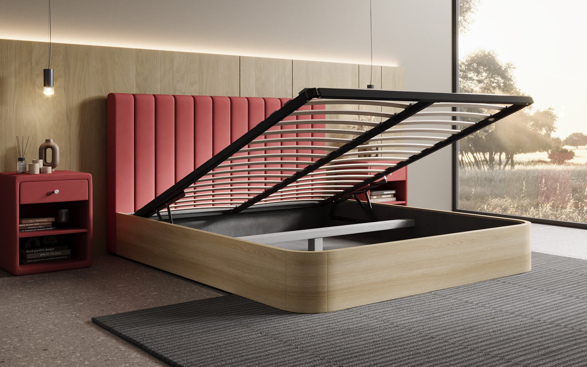 Lit rembourré design Fiore Linea en Tissu avec espace de rangement