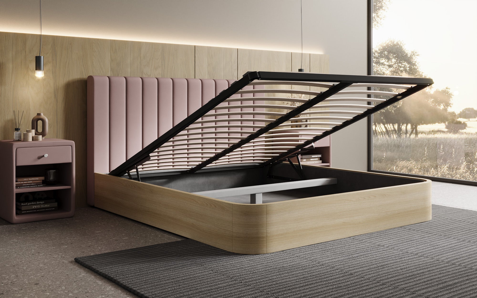 Lit rembourré design Fiore Linea en Tissu avec espace de rangement