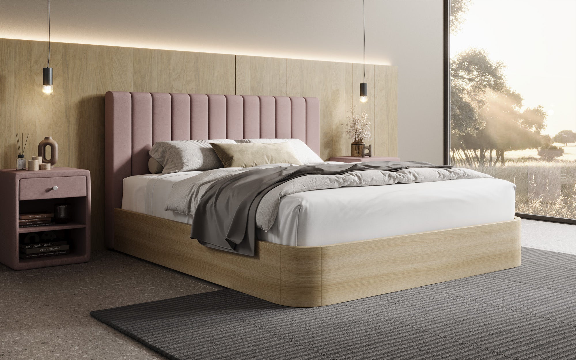 Lit rembourré design Fiore Linea en Tissu avec espace de rangement