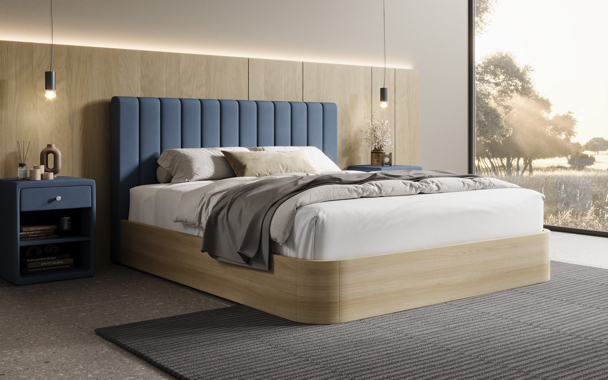 Lit rembourré design Fiore Linea en Tissu avec espace de rangement