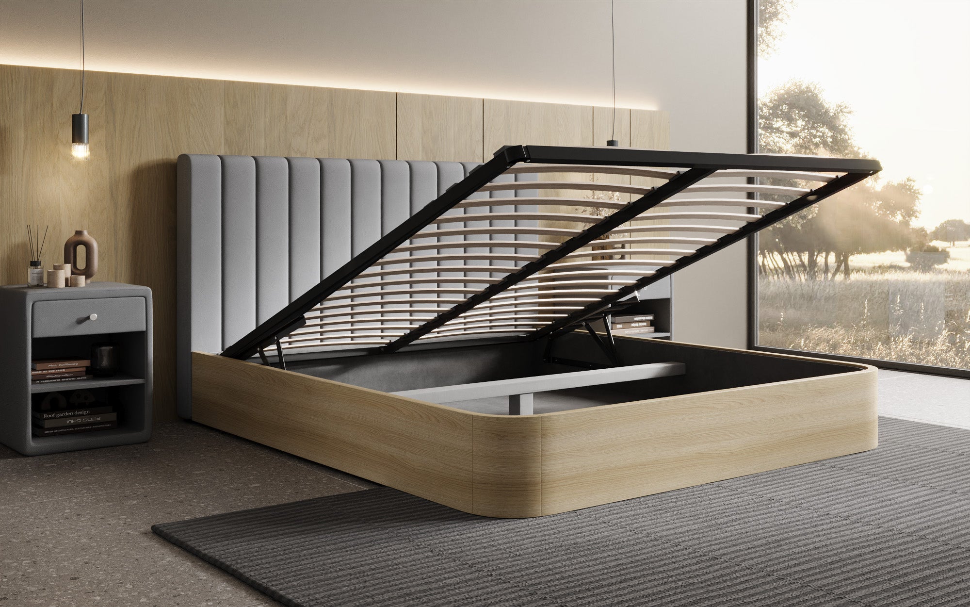 Lit rembourré design Fiore Linea en Tissu avec espace de rangement
