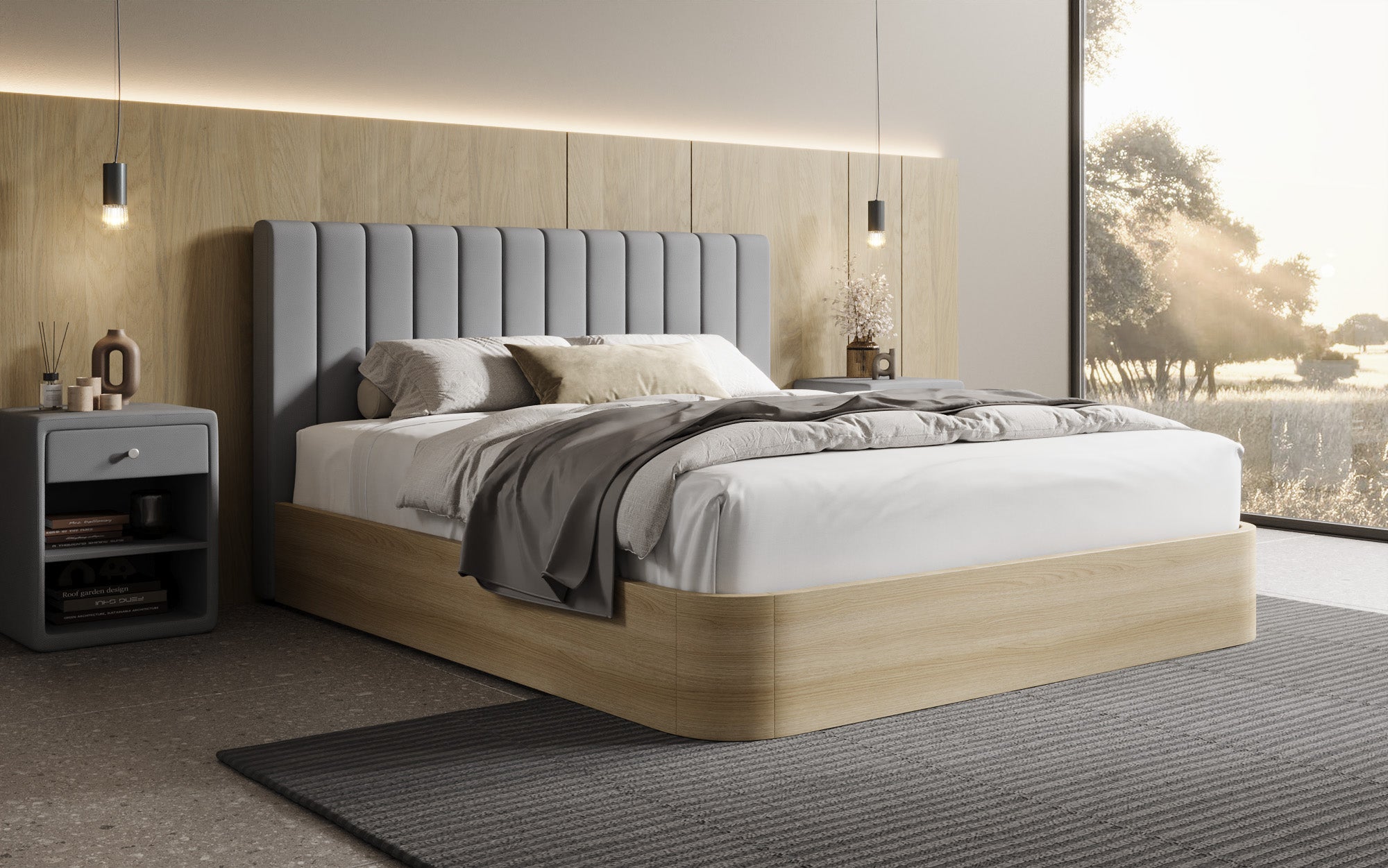 Lit rembourré design Fiore Linea en Tissu avec espace de rangement