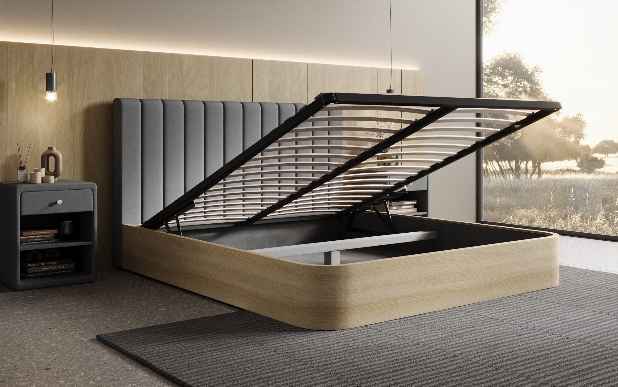 Lit rembourré design Fiore Linea en Tissu avec espace de rangement