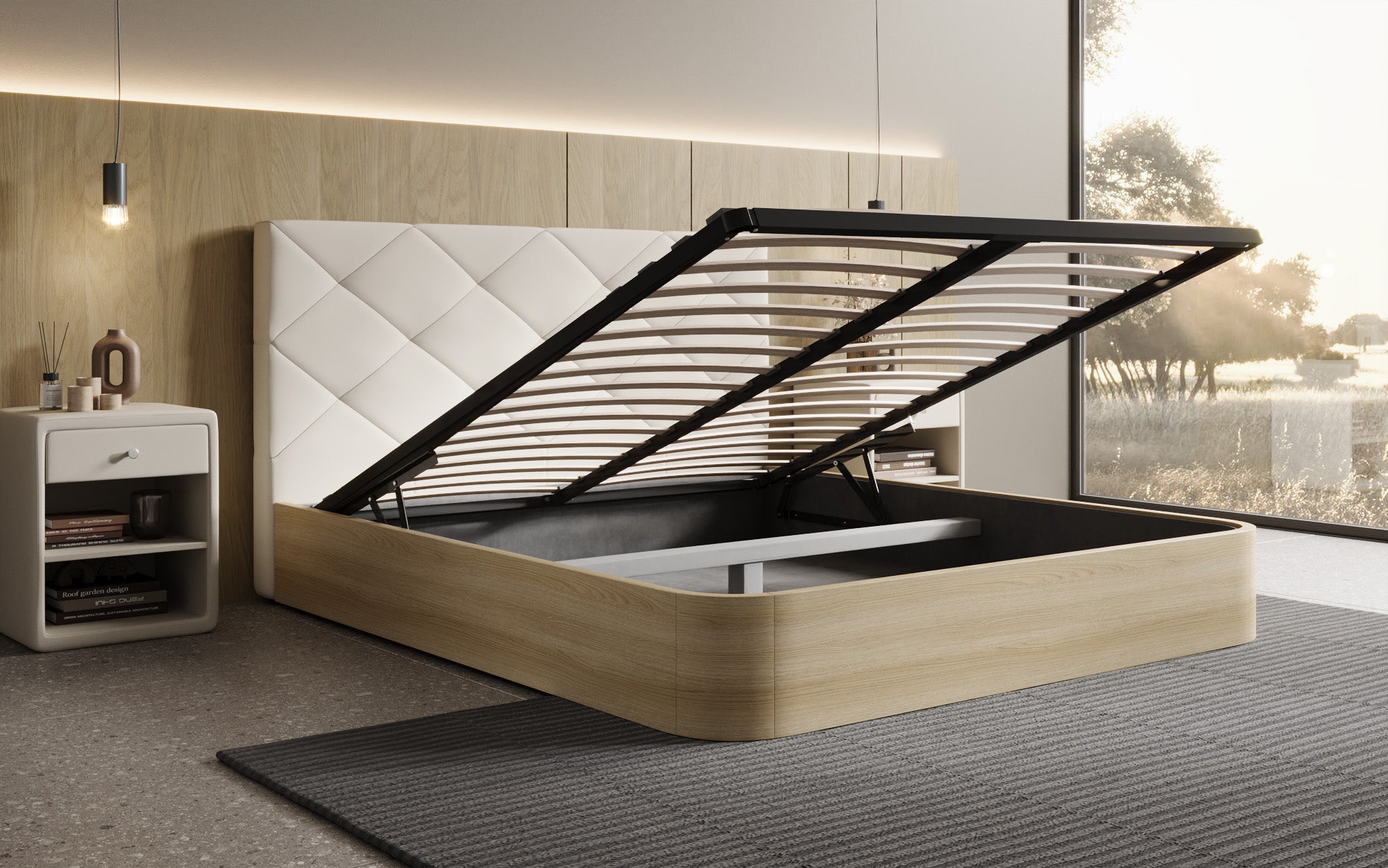 Lit rembourré design Fiore Caro en Tissu avec espace de rangement
