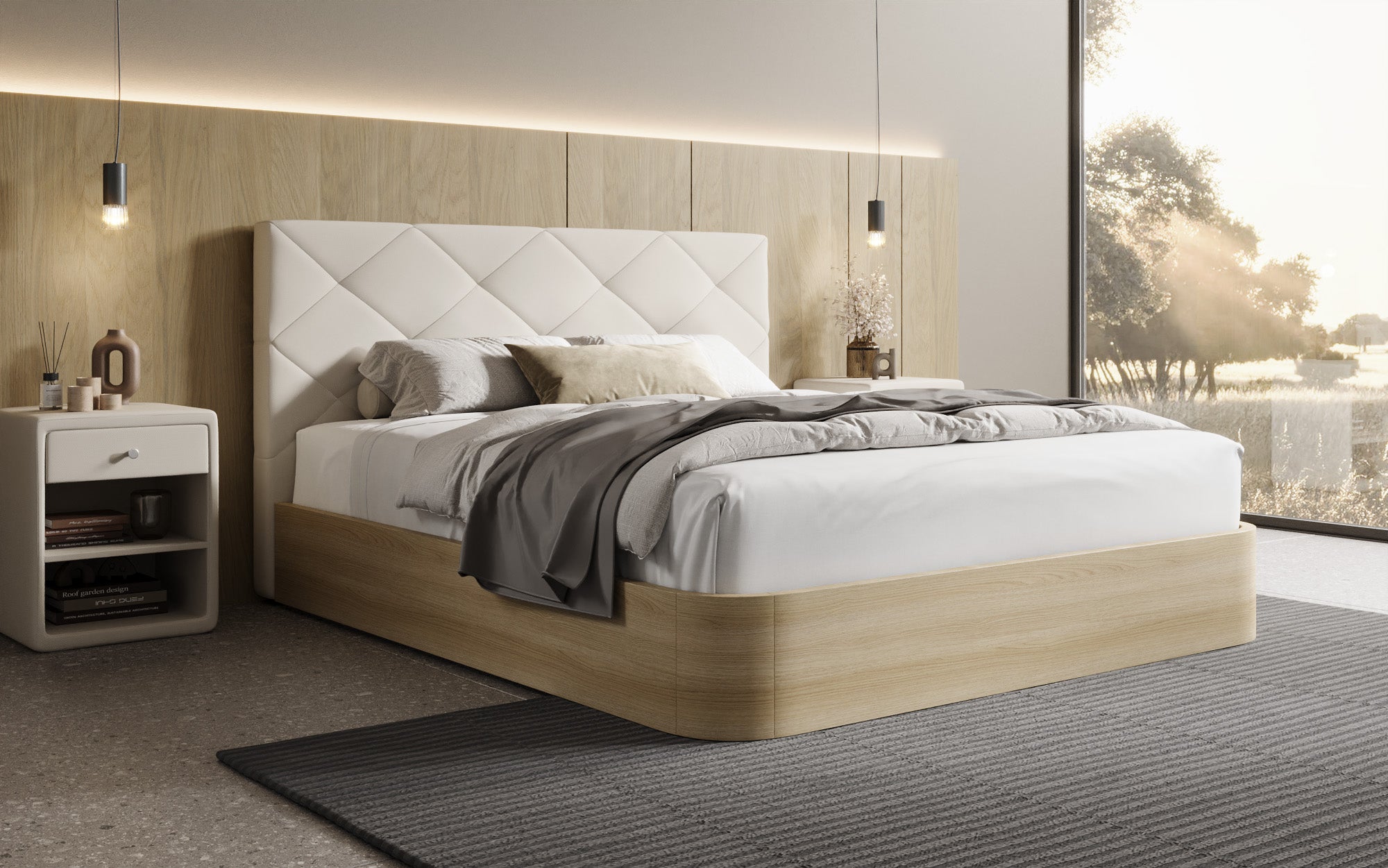 Lit rembourré design Fiore Caro en Tissu avec espace de rangement