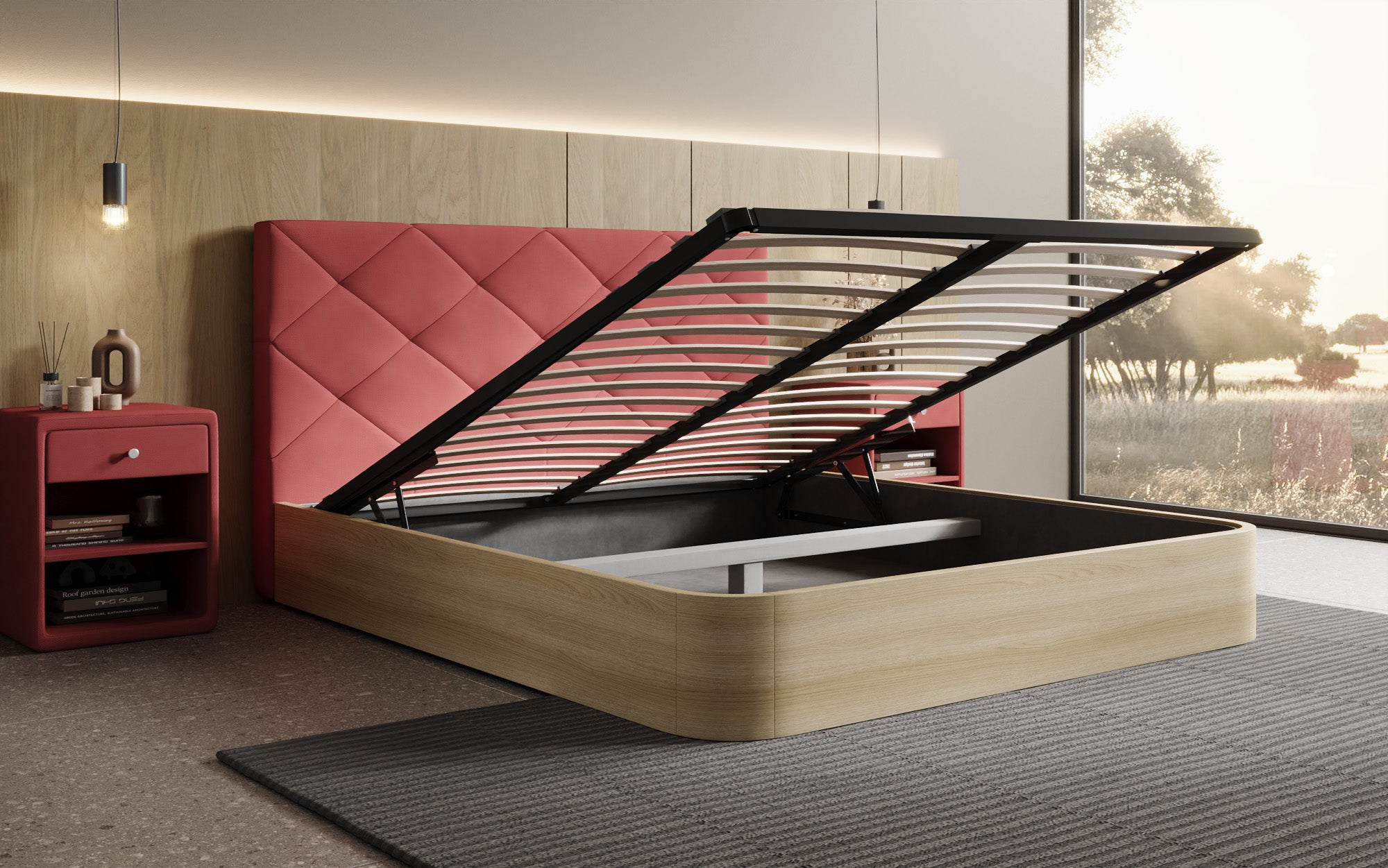 Lit rembourré design Fiore Caro en Tissu avec espace de rangement