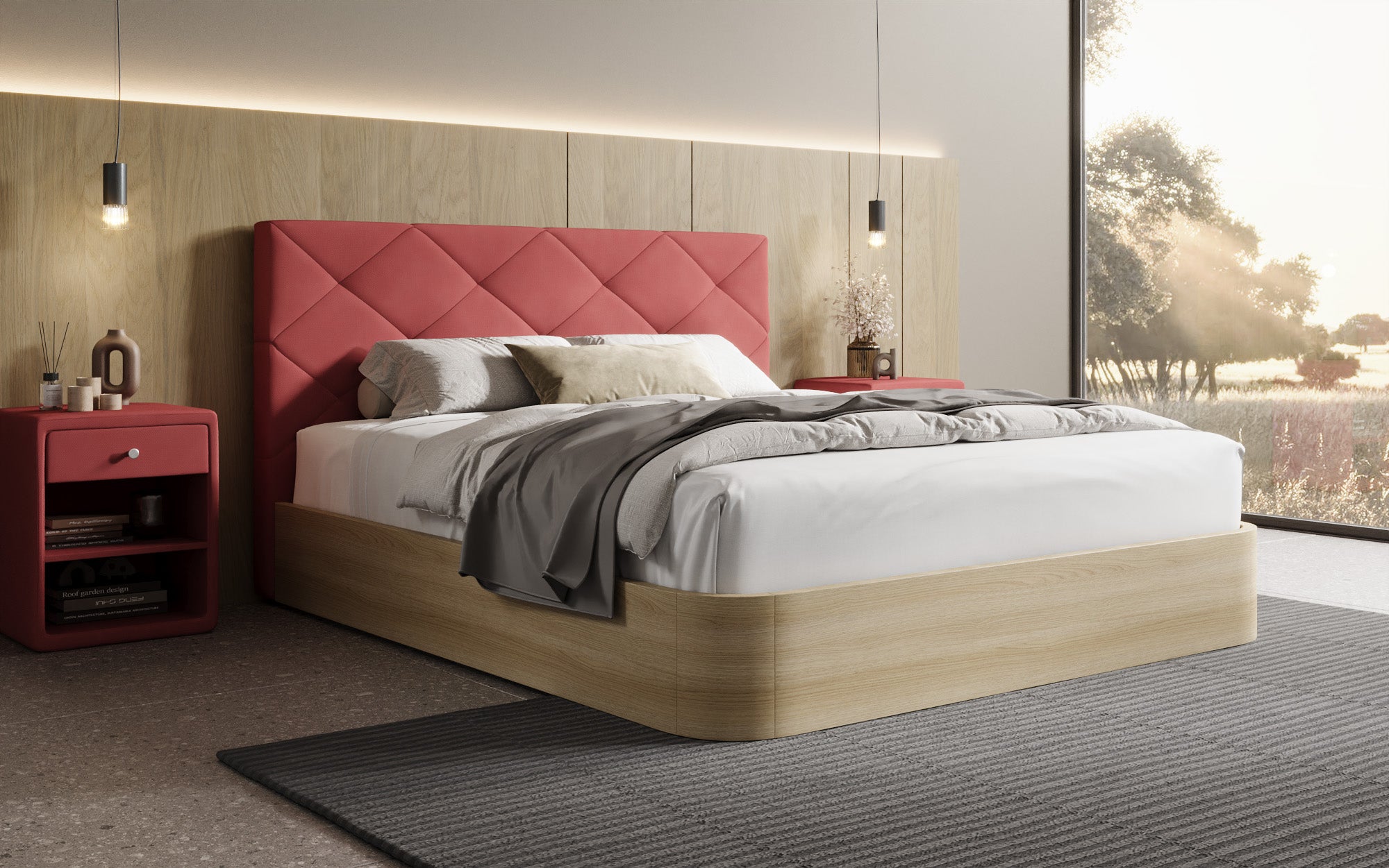 Lit rembourré design Fiore Caro en Tissu avec espace de rangement
