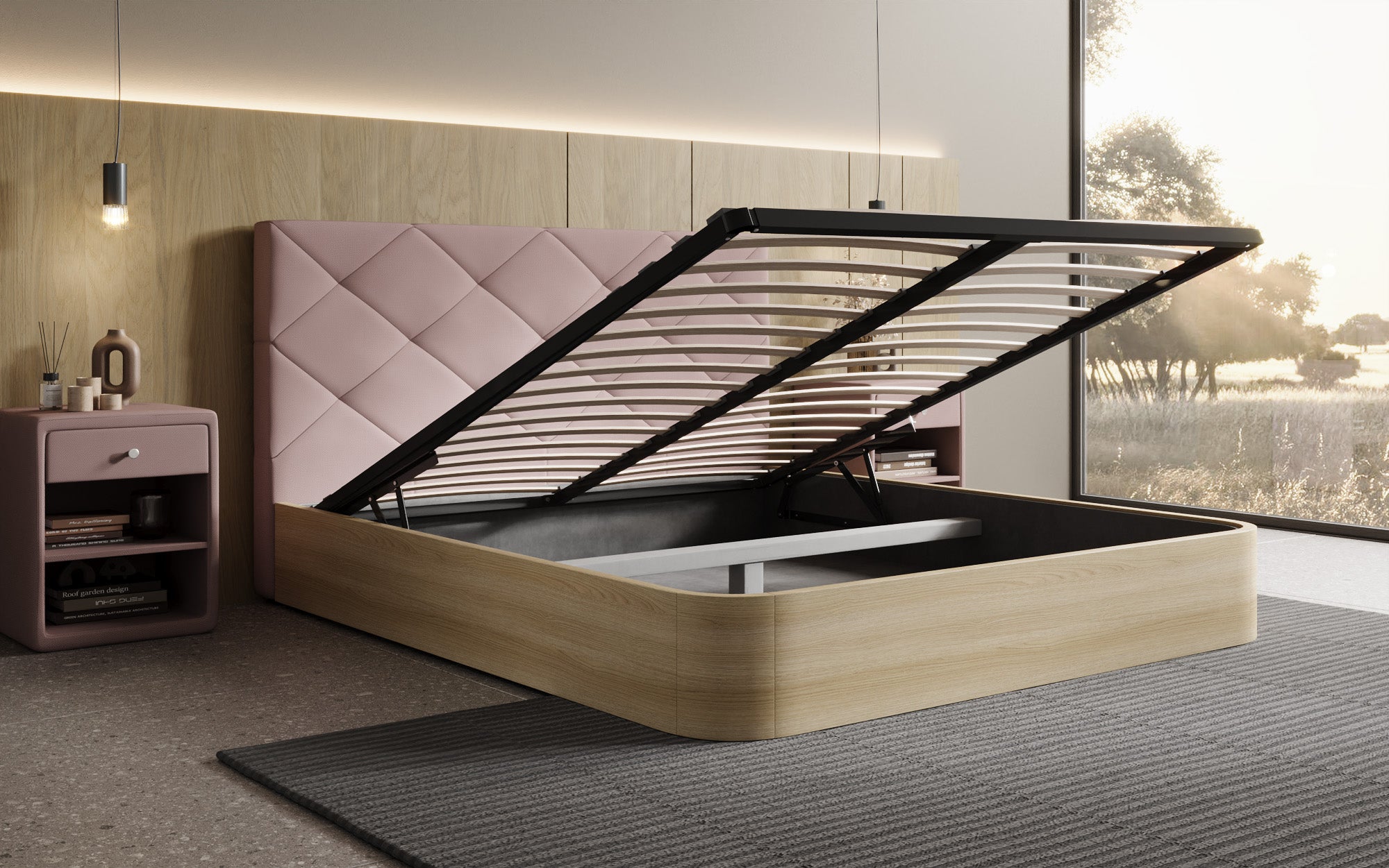 Lit rembourré design Fiore Caro en Tissu avec espace de rangement
