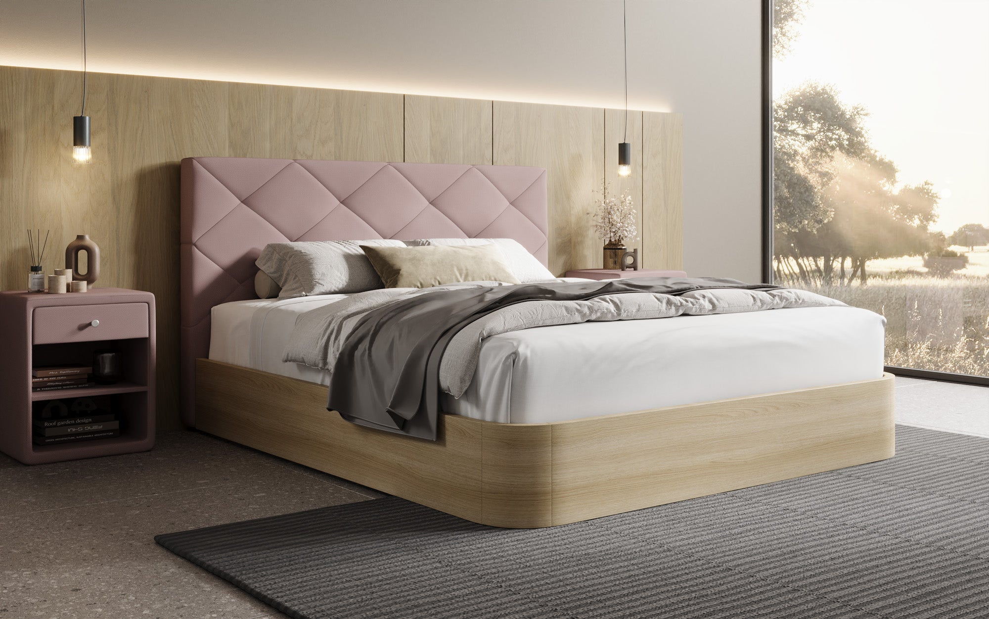 Lit rembourré design Fiore Caro en Tissu avec espace de rangement
