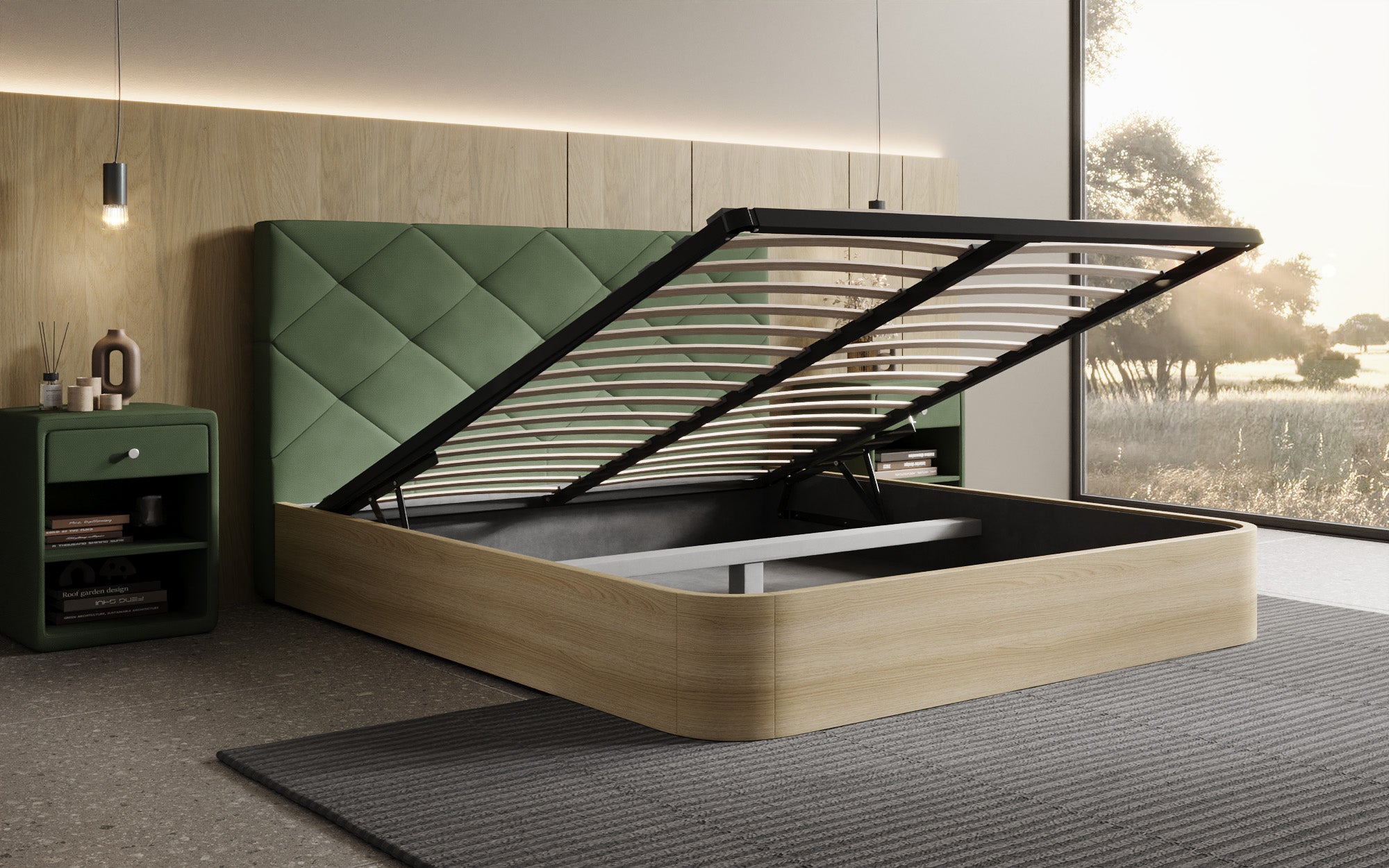 Lit rembourré design Fiore Caro en Tissu avec espace de rangement