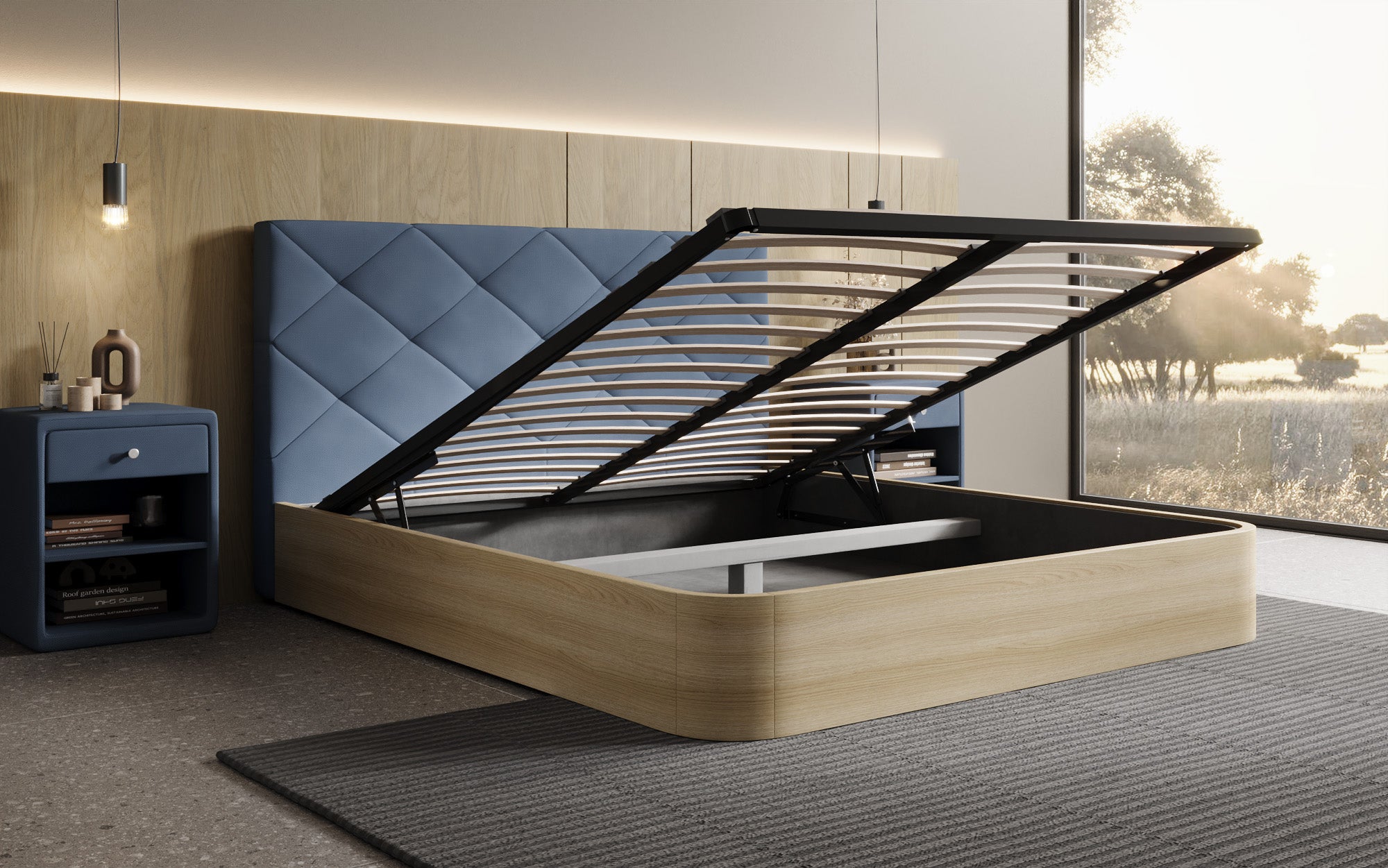 Lit rembourré design Fiore Caro en Tissu avec espace de rangement