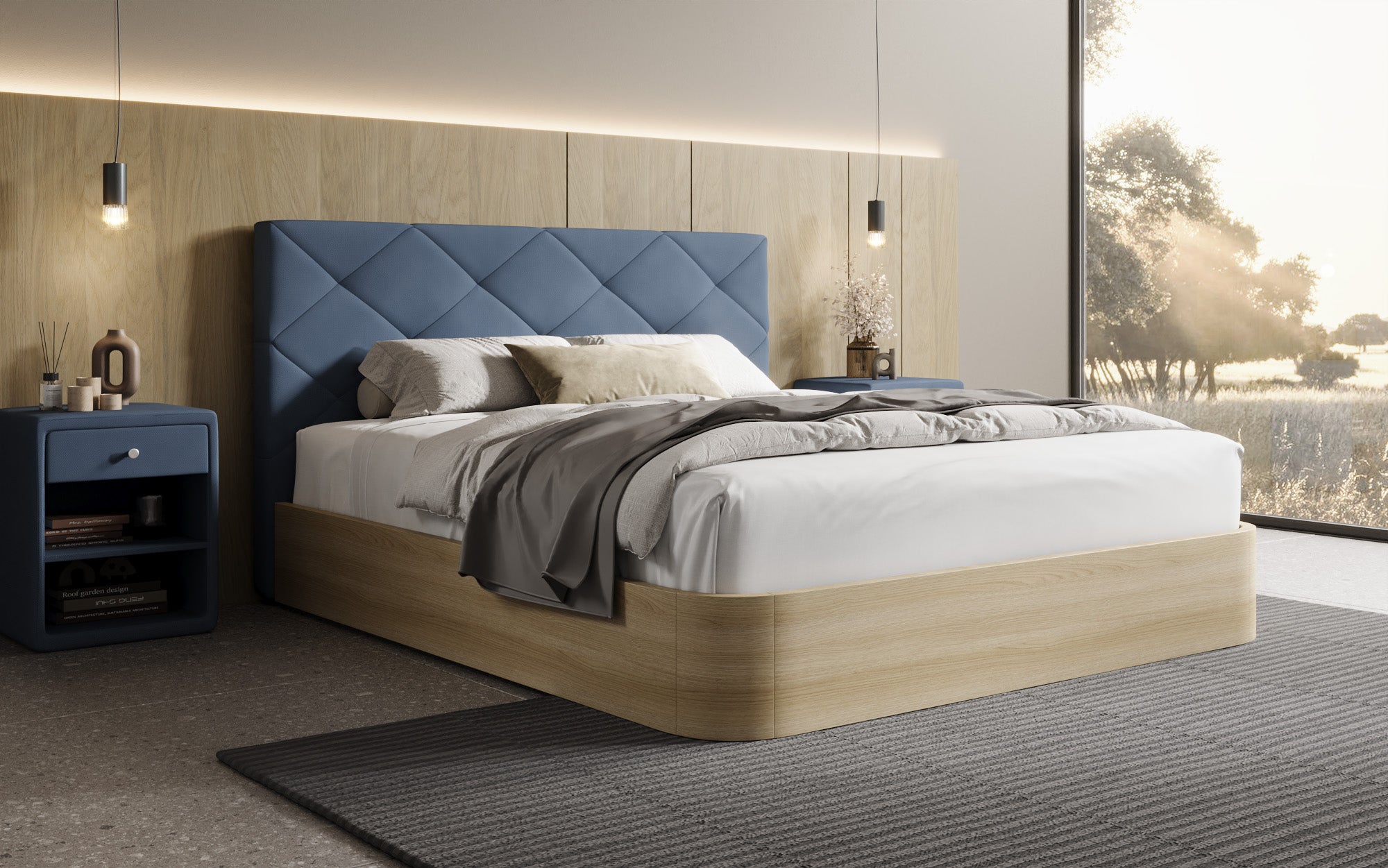 Lit rembourré design Fiore Caro en Tissu avec espace de rangement