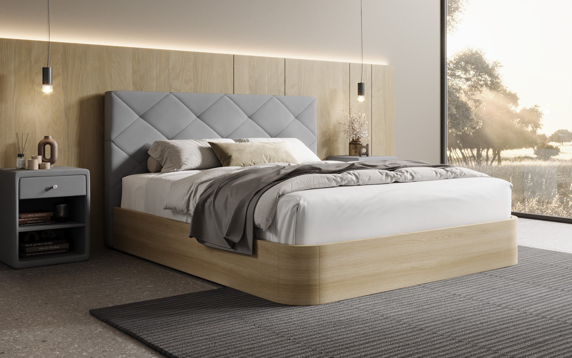 Lit rembourré design Fiore Caro en Tissu avec espace de rangement