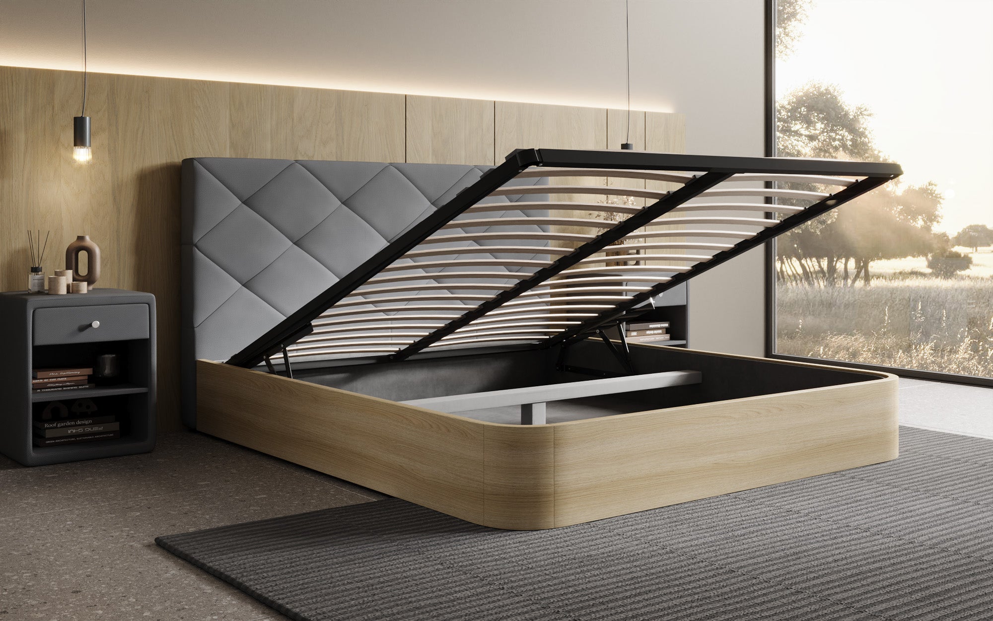 Lit rembourré design Fiore Caro en Tissu avec espace de rangement