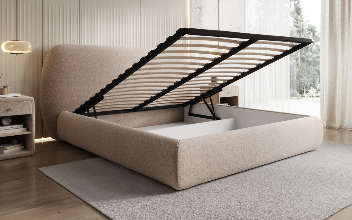 Designer upholstered bed Nella in textured fabric with storage space
