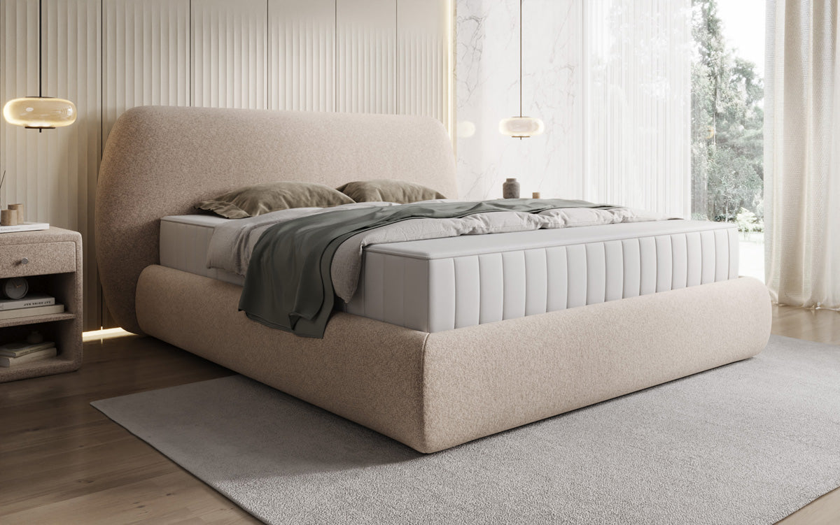 Designer upholstered bed Nella in textured fabric with storage space