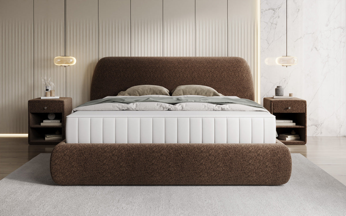 Designer upholstered bed Nella in textured fabric with storage space