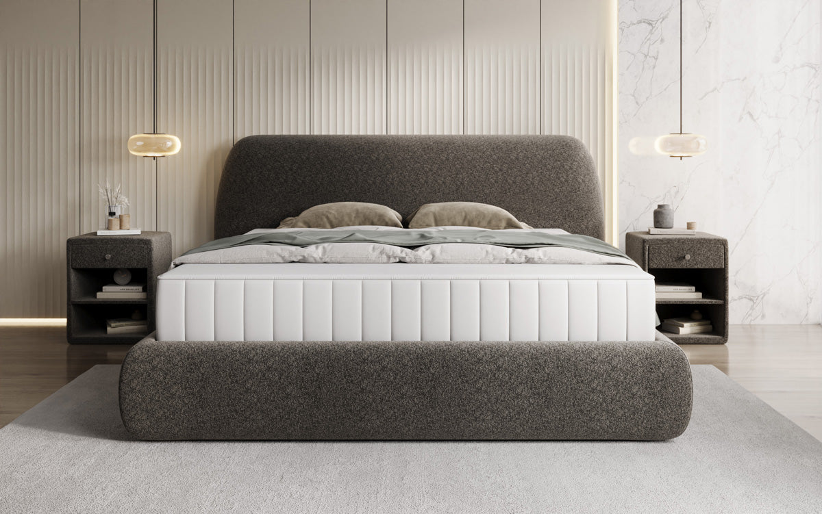 Designer upholstered bed Nella in textured fabric with storage space