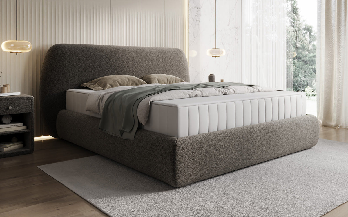 Designer upholstered bed Nella in textured fabric with storage space