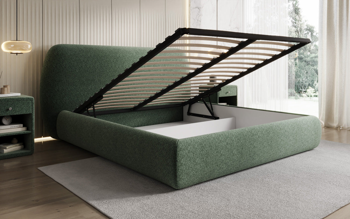 Designer upholstered bed Nella in textured fabric with storage space