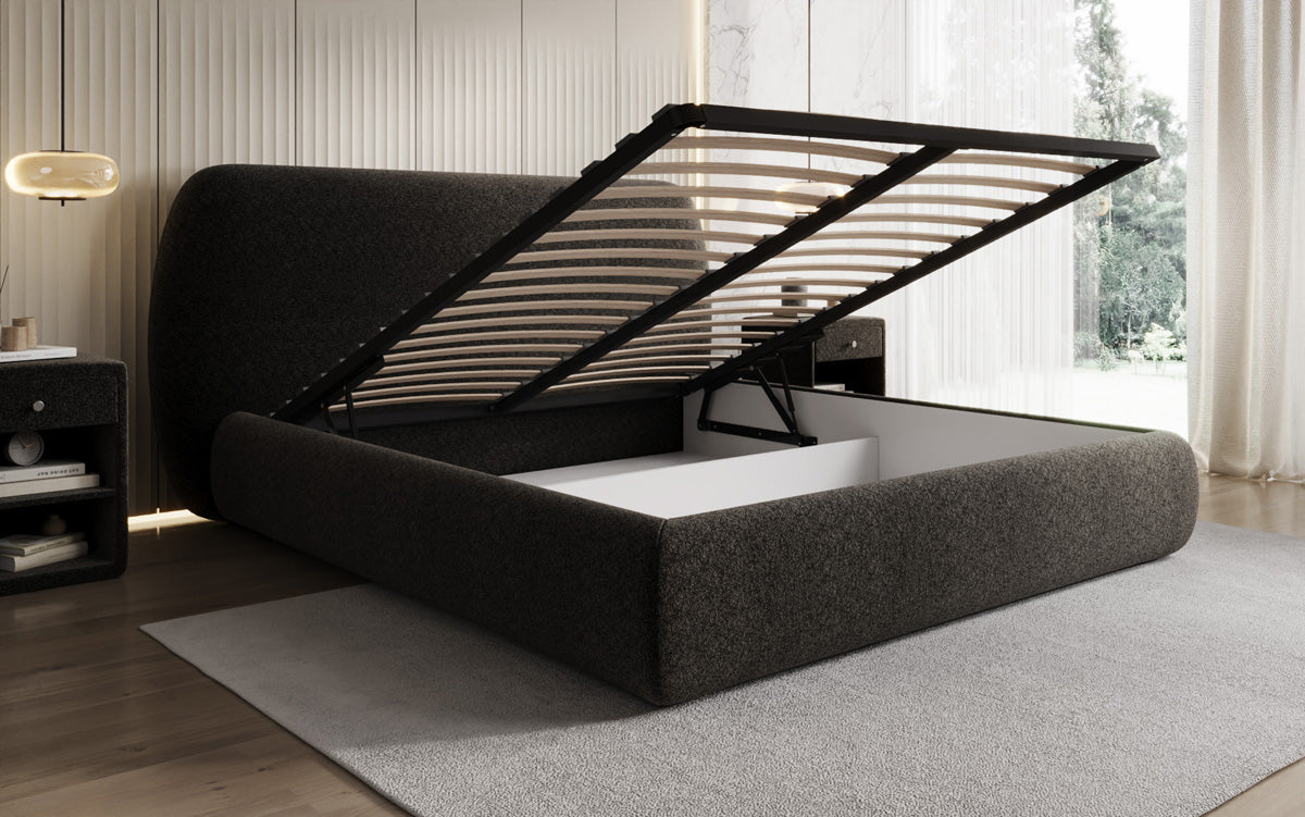 Designer upholstered bed Nella in textured fabric with storage space