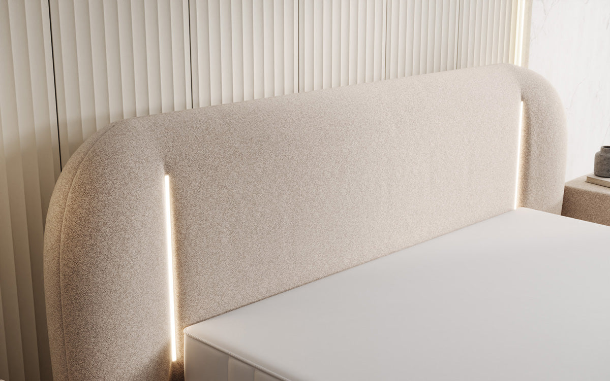 Designer-Polsterbett Momo aus Strukturstoff mat Stauraum an LED