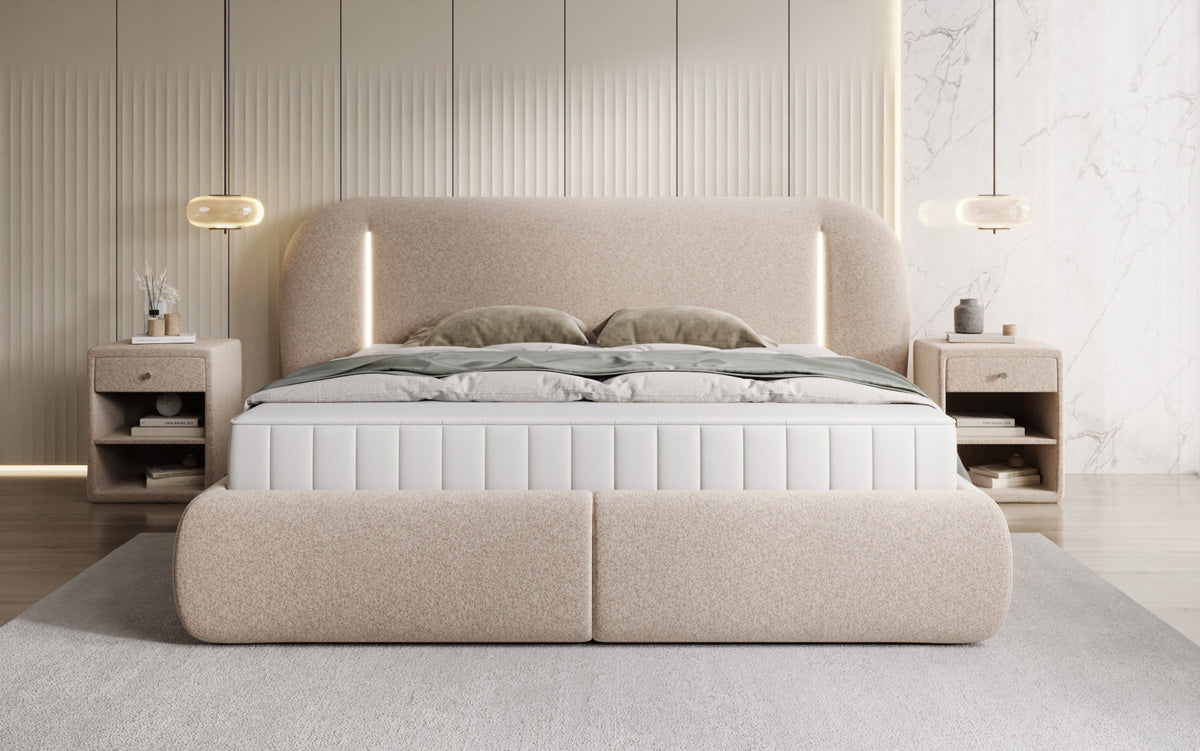 Designer-Polsterbett Momo aus Strukturstoff mat Stauraum an LED