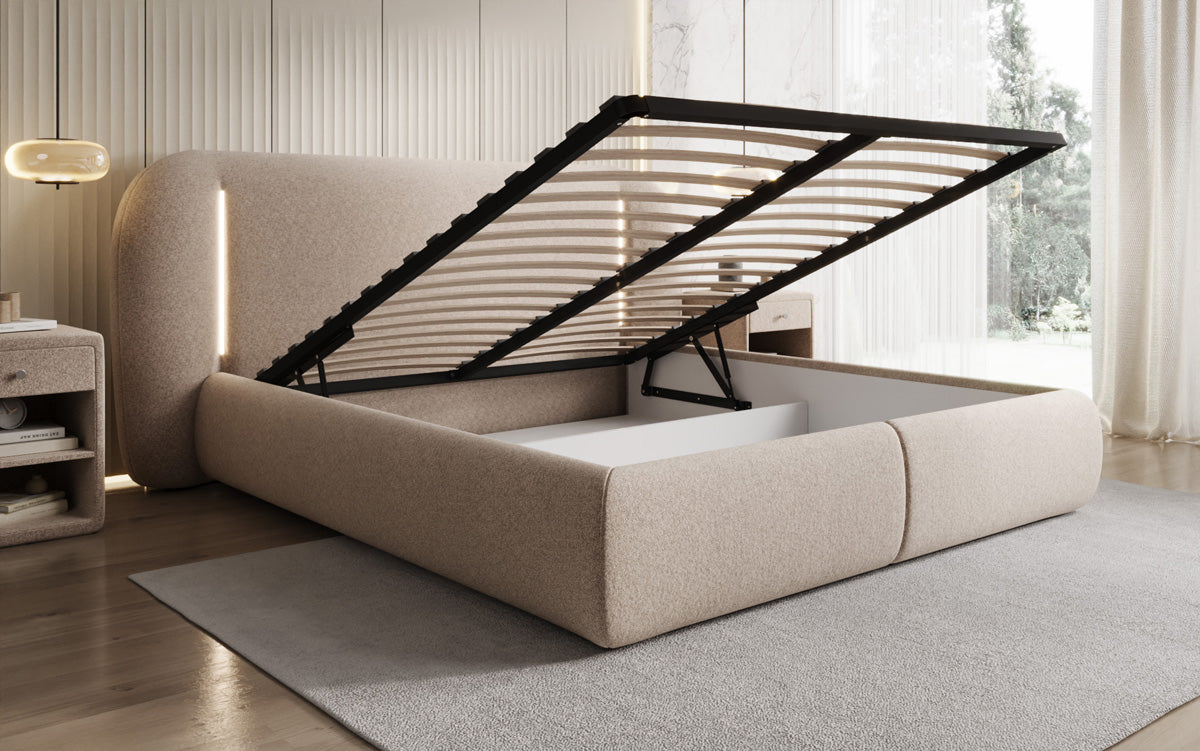 Designer-Polsterbett Momo aus Strukturstoff mat Stauraum an LED