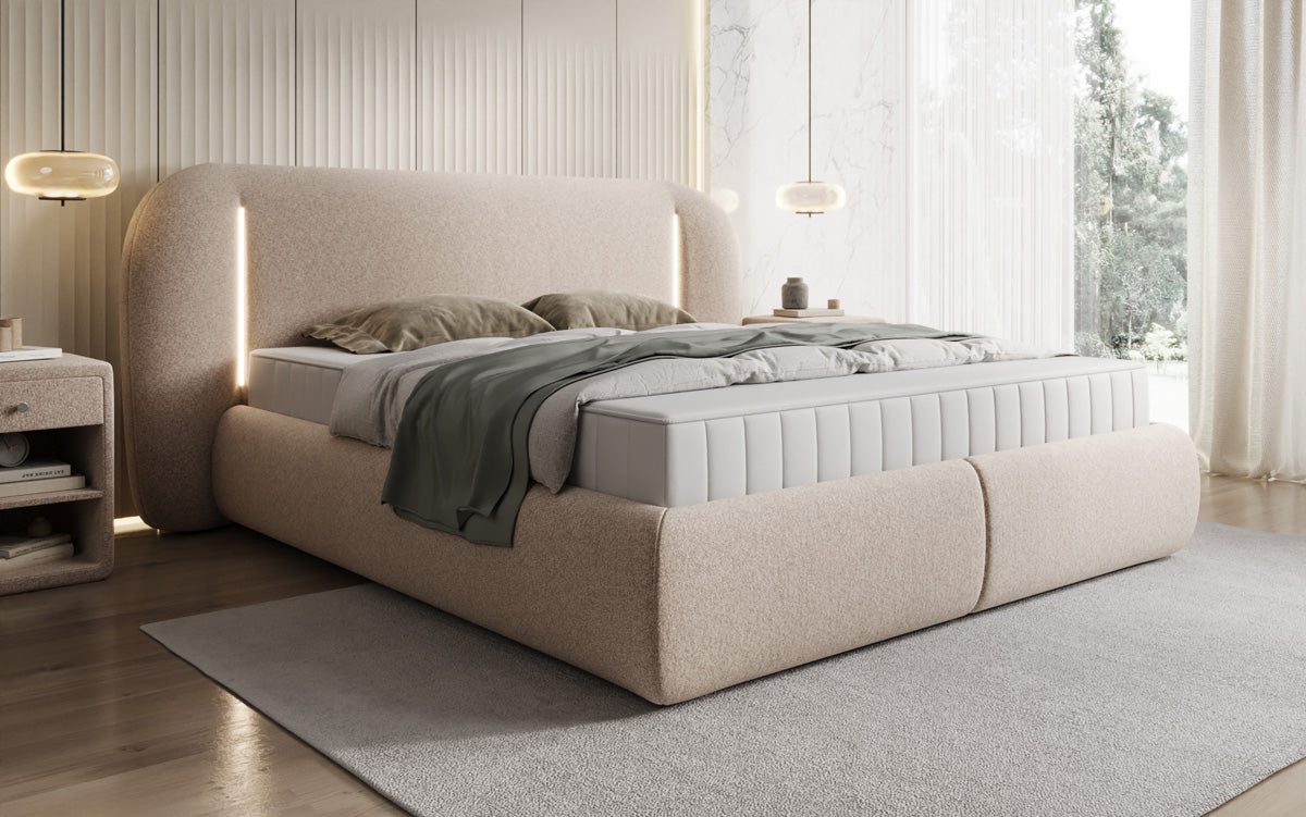 Designer-Polsterbett Momo aus Strukturstoff mat Stauraum an LED