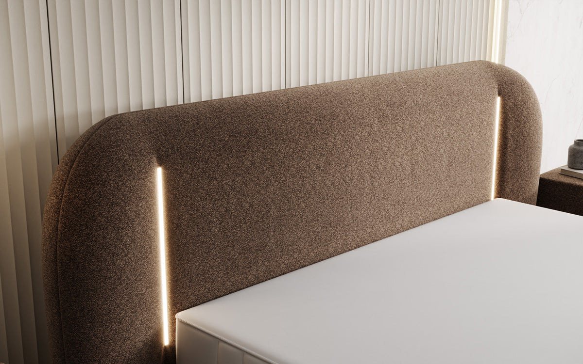 Designer-Polsterbett Momo aus Strukturstoff mat Stauraum an LED