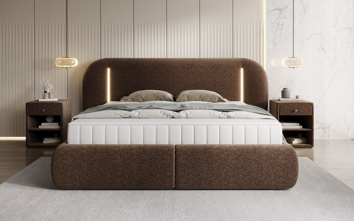 Designer-Polsterbett Momo aus Strukturstoff mat Stauraum an LED