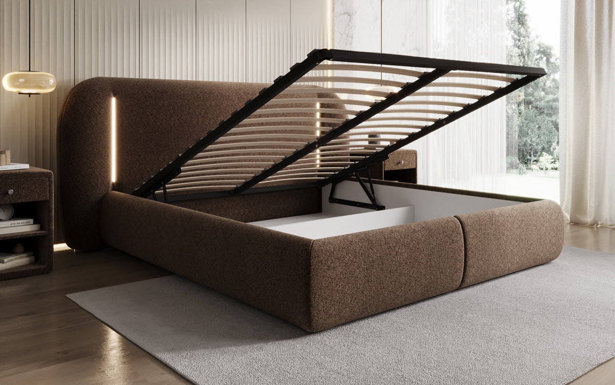 Designer-Polsterbett Momo aus Strukturstoff mat Stauraum an LED