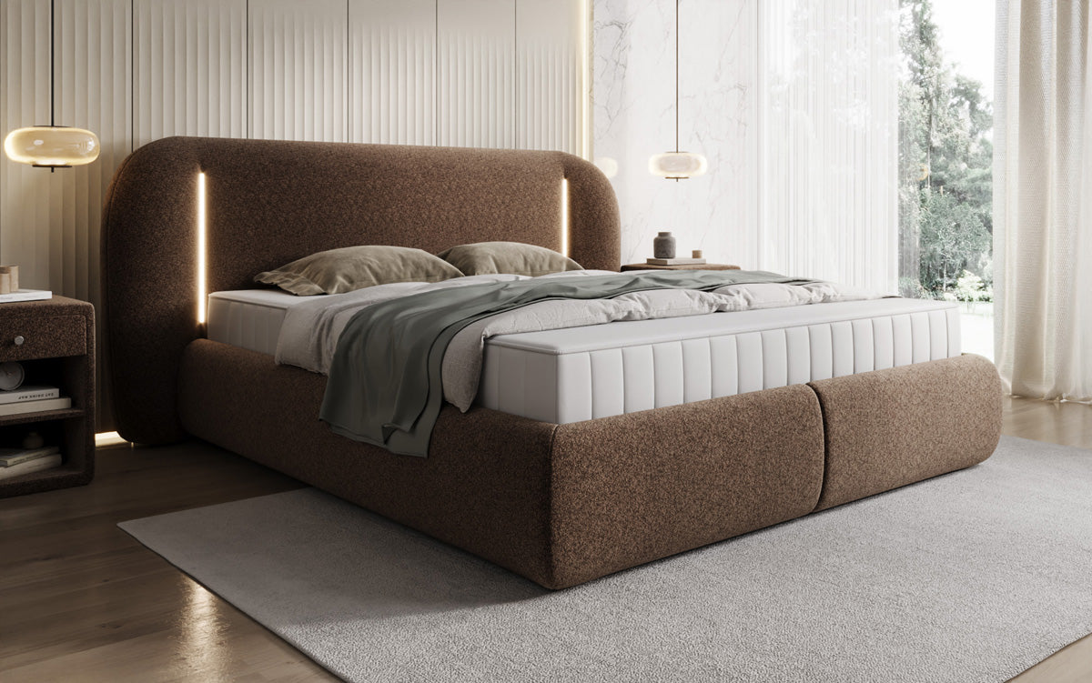 Designer-Polsterbett Momo aus Strukturstoff mat Stauraum an LED