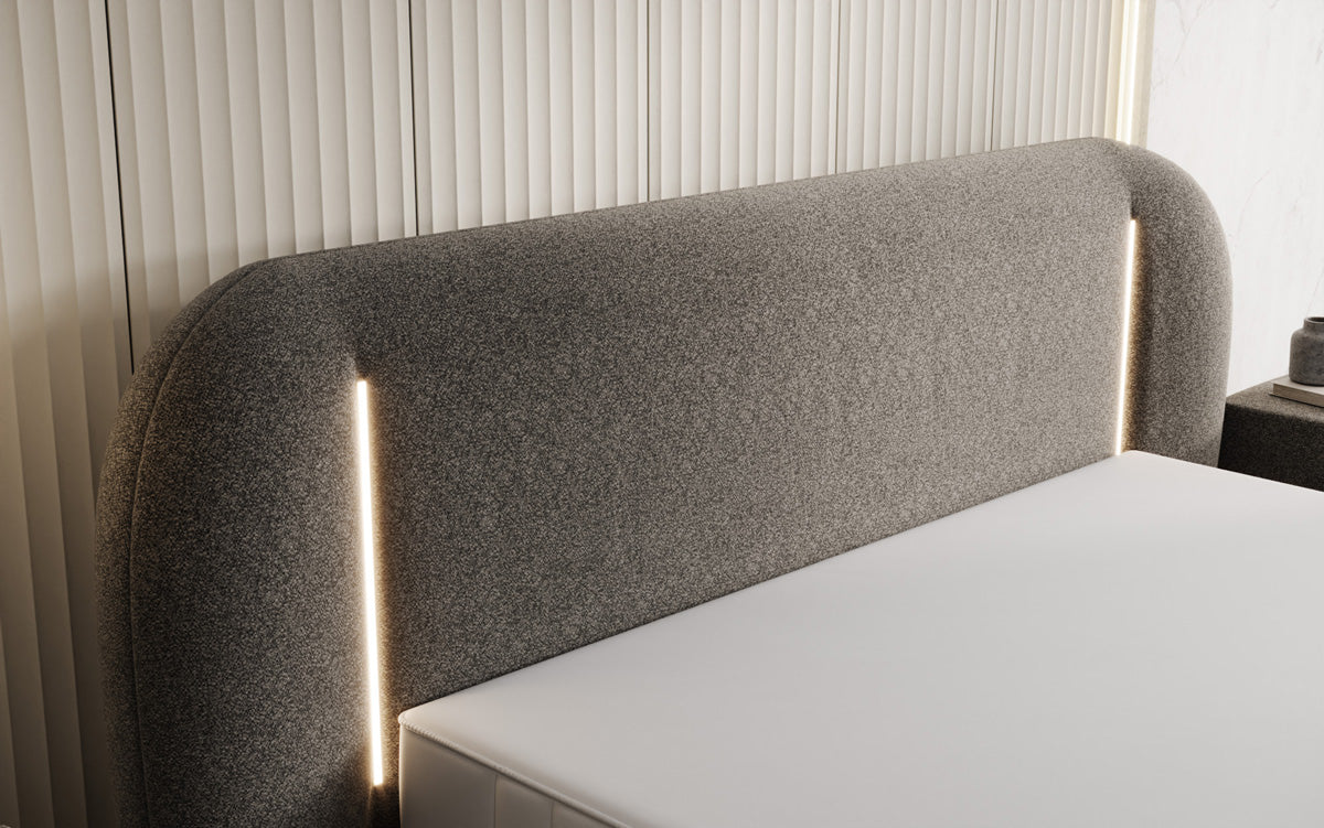 Designer-Polsterbett Momo aus Strukturstoff mat Stauraum an LED