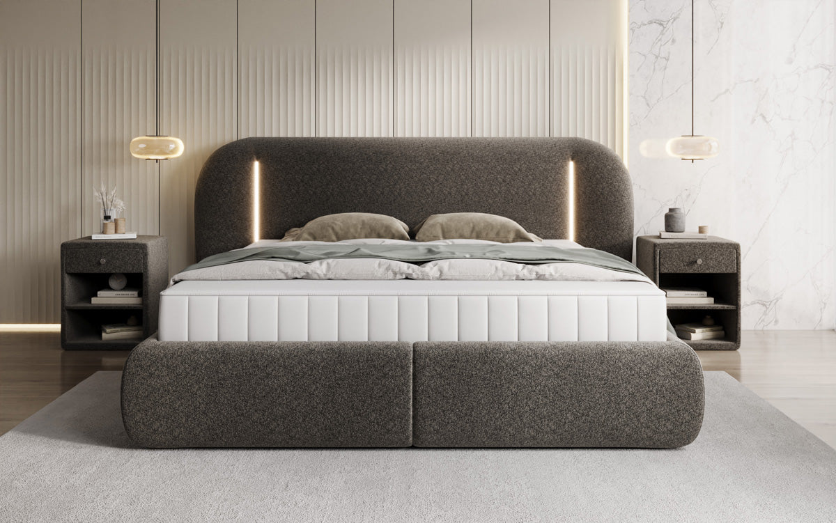 Designer-Polsterbett Momo aus Strukturstoff mat Stauraum an LED