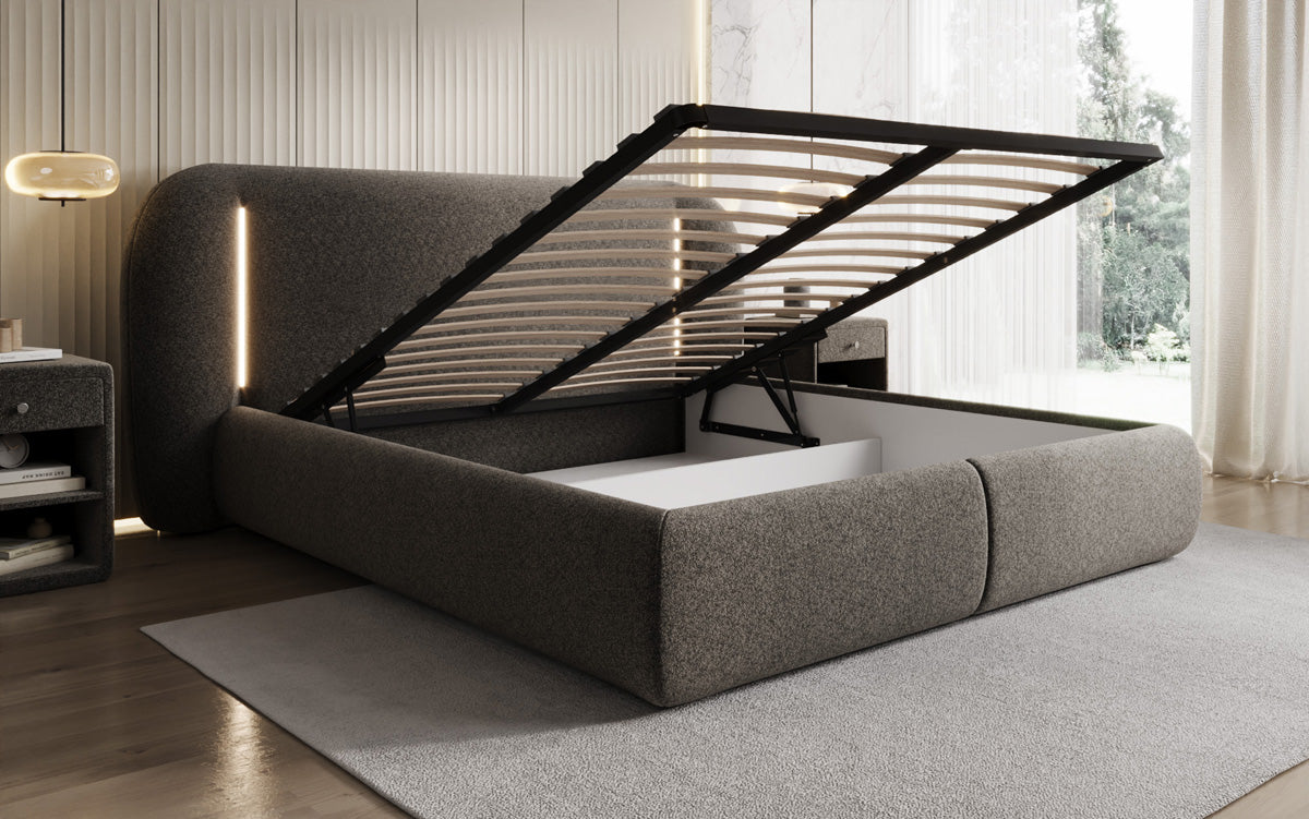 Designer-Polsterbett Momo aus Strukturstoff mat Stauraum an LED
