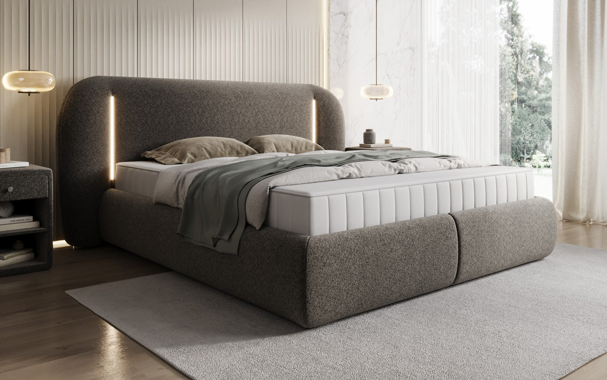 Designer-Polsterbett Momo aus Strukturstoff mat Stauraum an LED