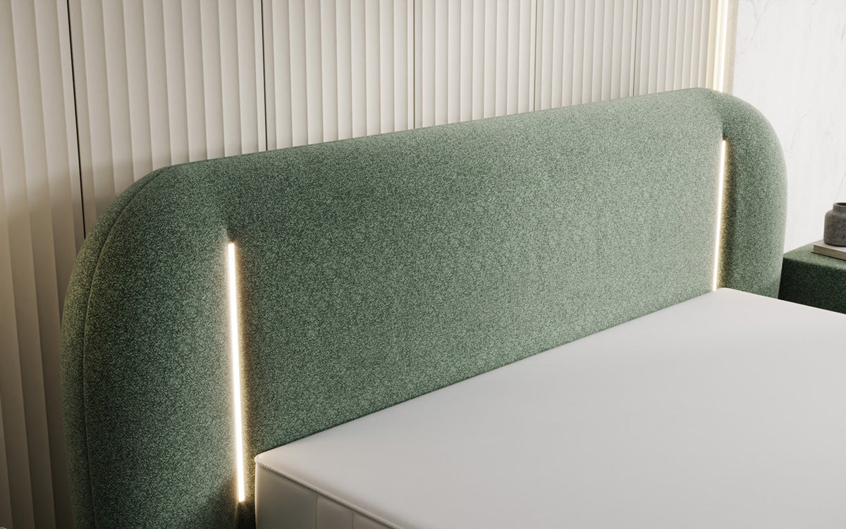 Designer-Polsterbett Momo aus Strukturstoff mat Stauraum an LED