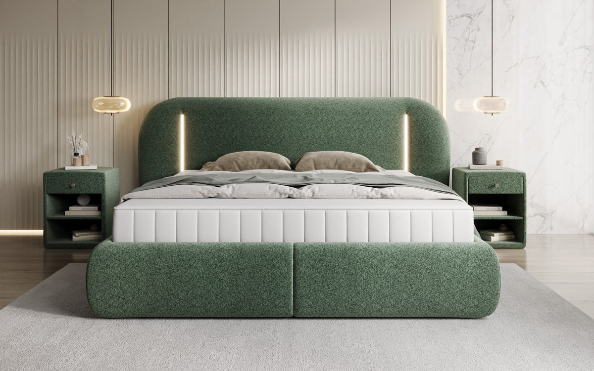 Designer-Polsterbett Momo aus Strukturstoff mat Stauraum an LED