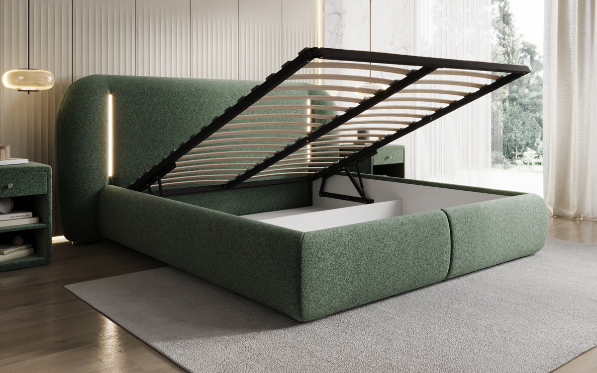 Designer-Polsterbett Momo aus Strukturstoff mat Stauraum an LED