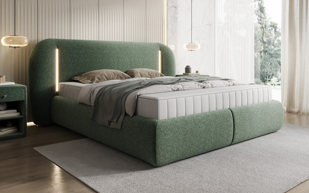 Designer-Polsterbett Momo aus Strukturstoff mat Stauraum an LED