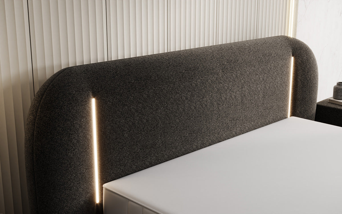 Designer-Polsterbett Momo aus Strukturstoff mat Stauraum an LED